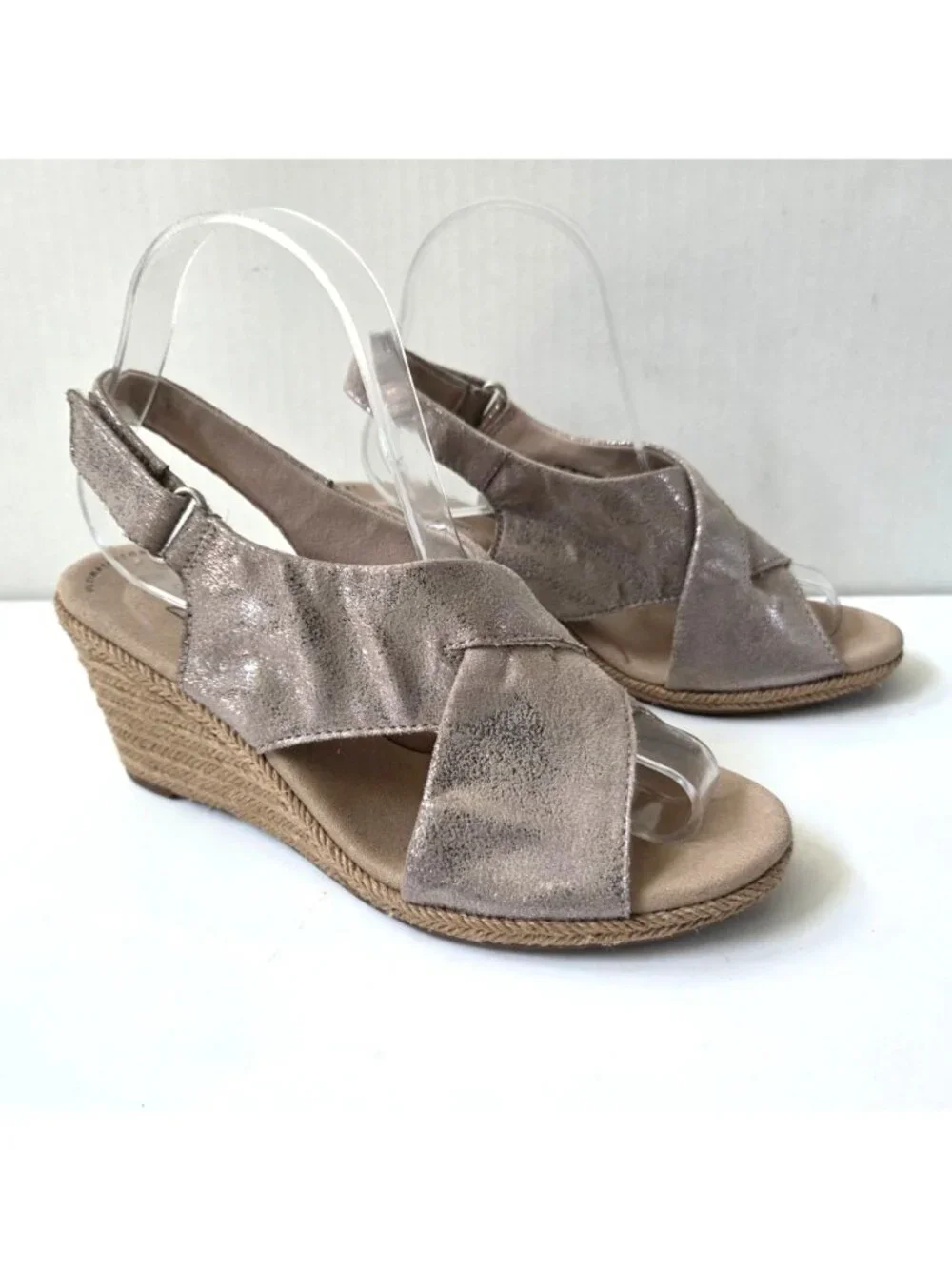 Clarks Shoes Womens 8 Metallic Pewter Lafley Alaine Jute Wedge Comfort Sandals